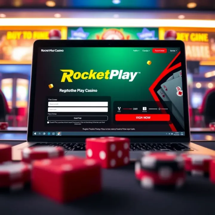 User interface displaying RocketPlay Casino registration form on a laptop screen