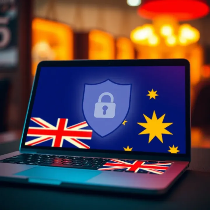 Graphic showing a secure shield symbol over a laptop with Australian flag colors representing safe online gambling
