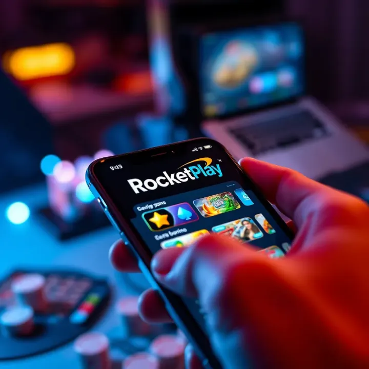 Mobile device displaying RocketPlay app interface with gaming options