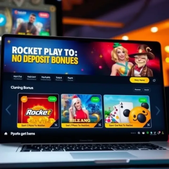 Online casino interface showing available no deposit bonuses on RocketPlay platform