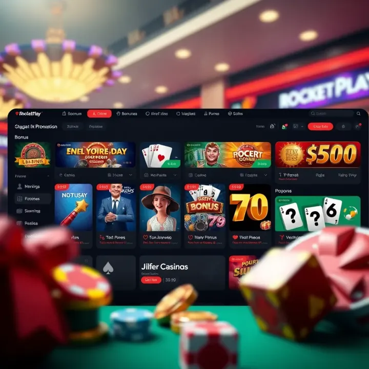 Illustration of a digital casino dashboard showing available bonuses and promotions