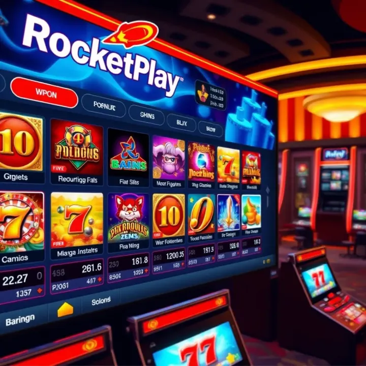 Colorful online casino game interface with various slot machine icons and betting options