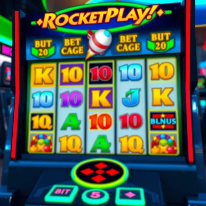 Colorful RocketPlay slot game interface showing reels with vibrant symbols and bonus icons