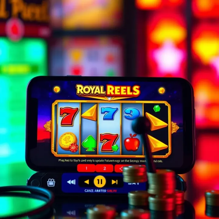 Mobile phone displaying the Royal Reels app with bonus round features and reward icons