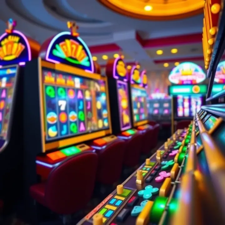 Colorful digital slot machine reels spinning with vibrant casino symbols