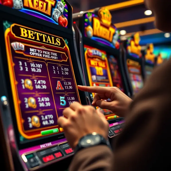 Player selecting betting options on Royal Reels slot machine with detailed paytable visible