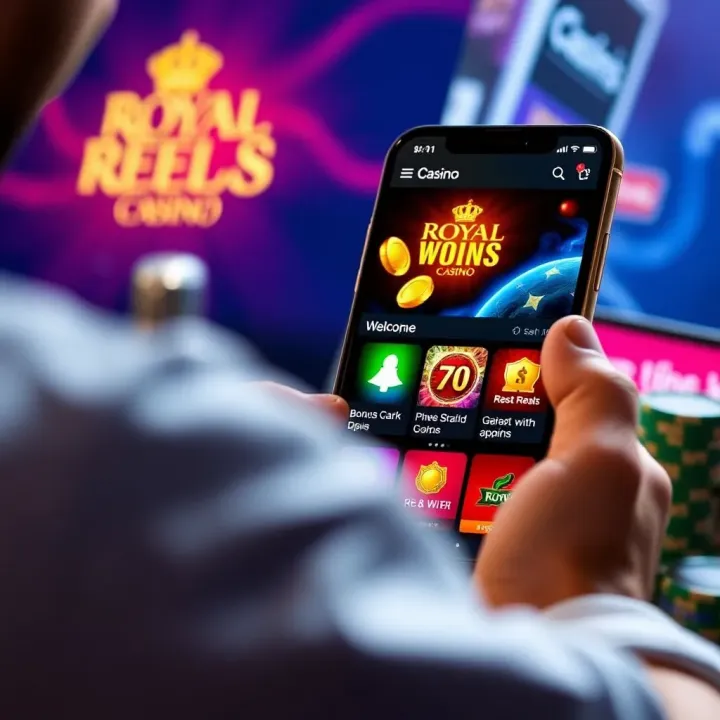 Mobile device displaying Royal Reels Casino interface with bonus offers and secure payment icons