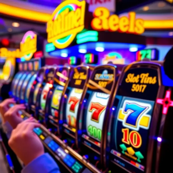 Colorful slot machine reels spinning with vibrant symbols and bright lights