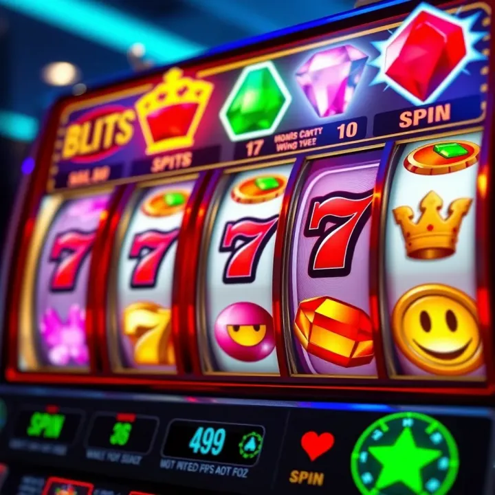 Colorful slot machine reels showing various casino symbols including gems and cards