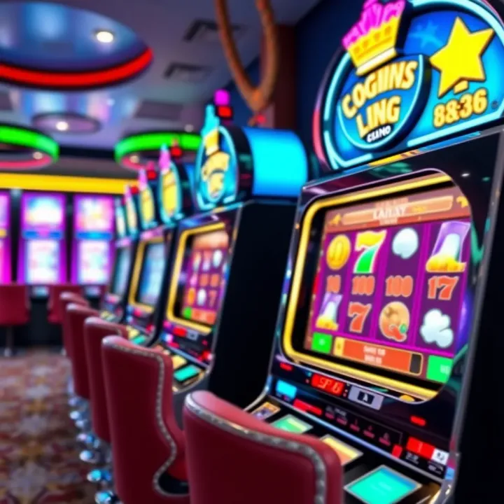 Colorful casino slot machine reels with bright symbols spinning