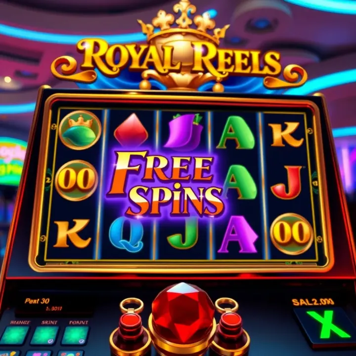 Royal Reels slot game interface highlighting free spins feature with colorful reels and bonus icons
