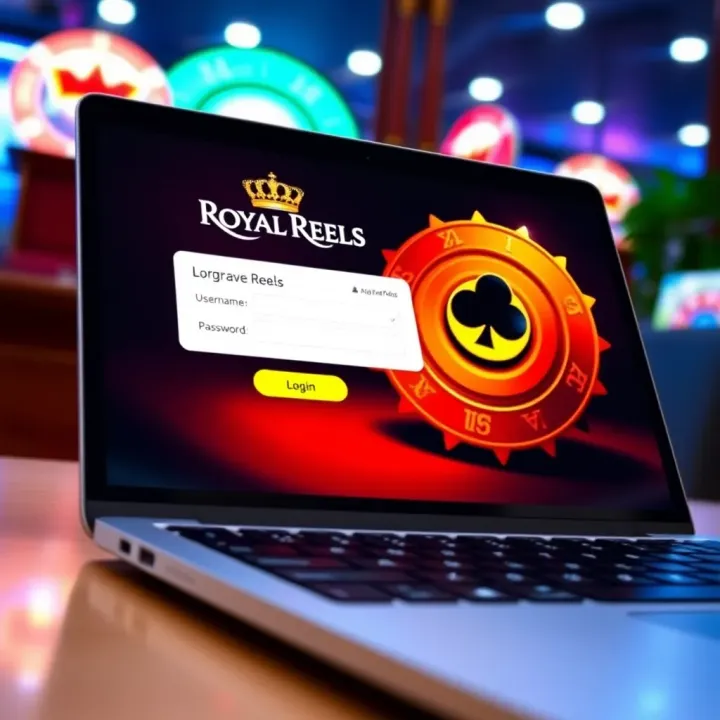Screenshot of Royal Reels login screen on a laptop displaying username and password fields