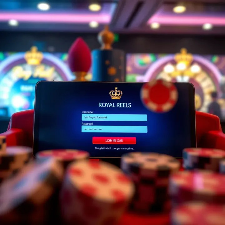 User interface showing the Royal Reels login screen with fields for username and password