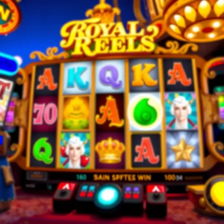 Colorful slot game screen showing spinning reels with various symbols and winning combinations highlighted