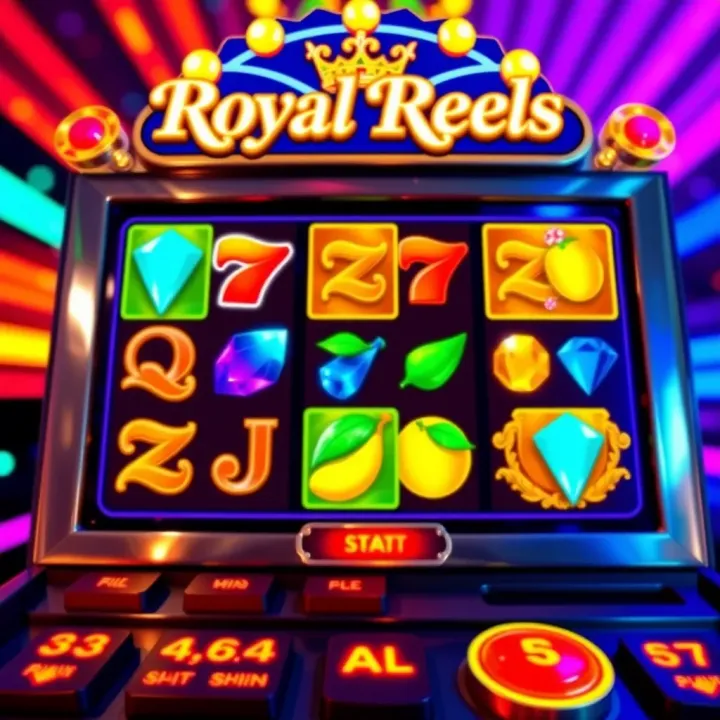 Colorful slot machine reels with various symbols including fruits and gems on a vibrant background