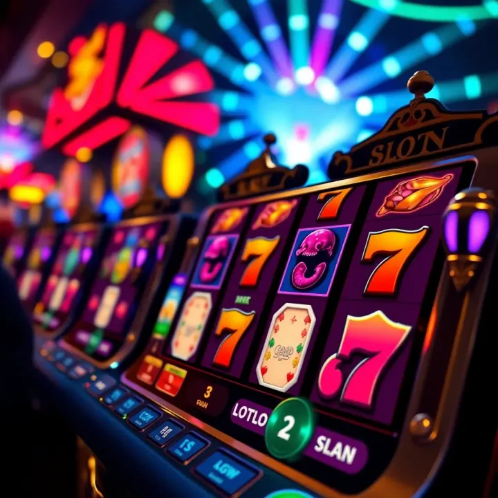 A vibrant slot machine interface showcasing classic symbols and dynamic lights