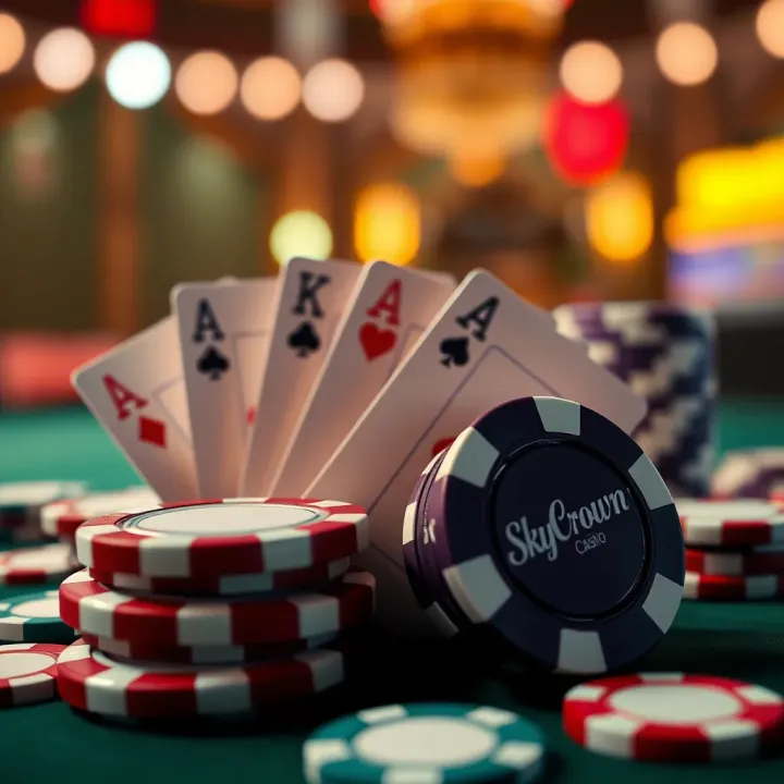 Bright casino chips and playing cards symbolizing Skycrown Casino no deposit bonus offer