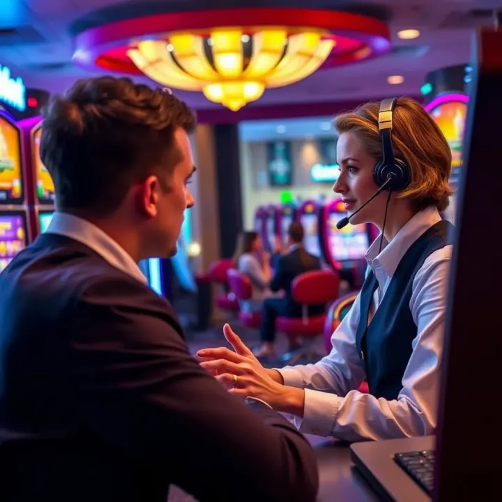 Customer support agent assisting player with queries and responsible gaming icons displayed