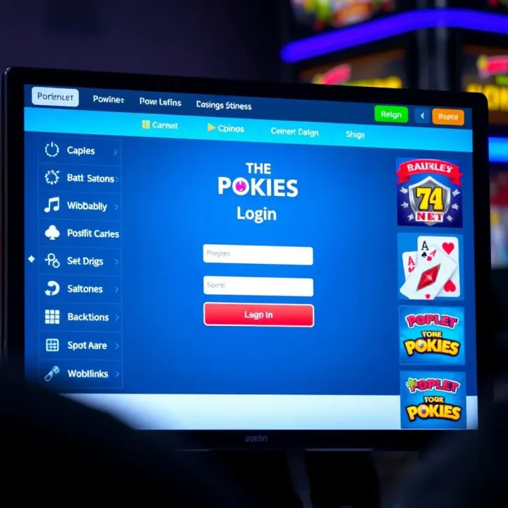 User interface of The Pokies Net platform showing login screen and navigation options