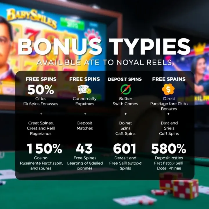 Overview of Bonus Types Available at Royal Reels Graphic showcasing various types of casino bonuses including free spins and deposit matches