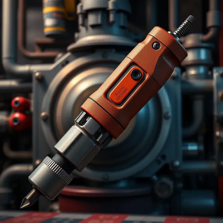 Robust industrial tool with ergonomic design set against a mechanical workshop background