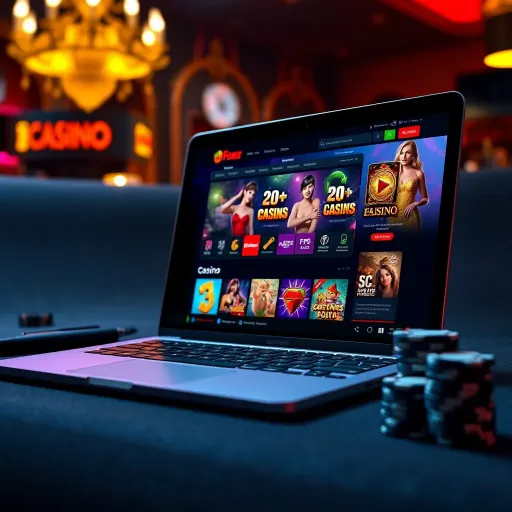 Illustration of a laptop showing an Australian online casino website with various gaming options