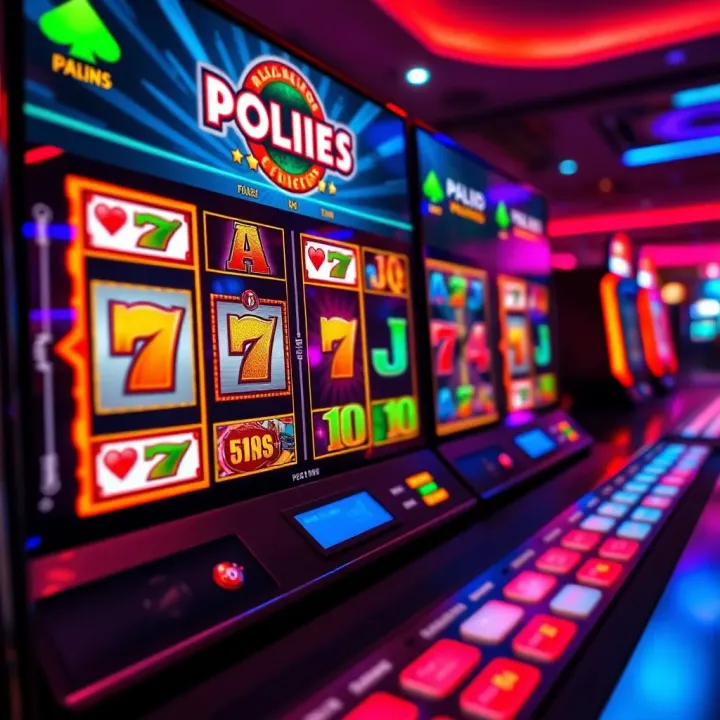 Illustration of an online pokies game interface with vibrant reels and symbols on a digital screen