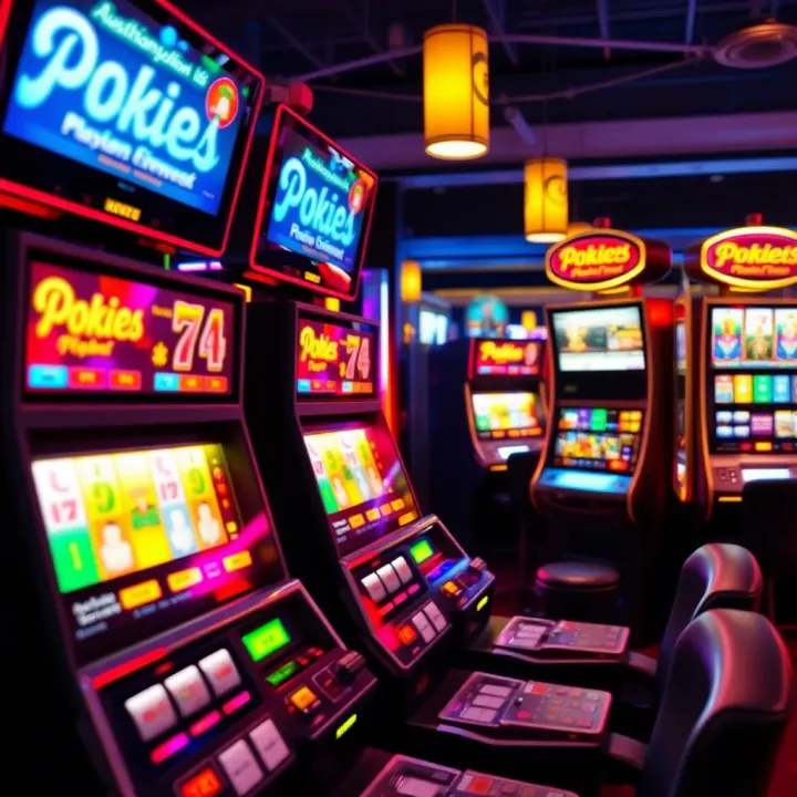 Close-up view of a row of Australian poker machines with illuminated screens and colorful buttons
