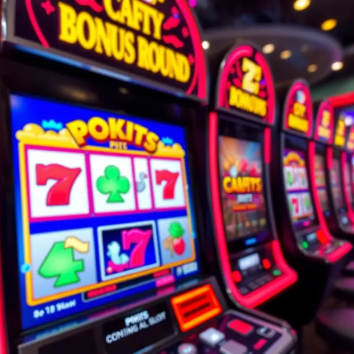 Digital slot machine screen showing bonus round activation with vibrant symbols and flashing lights