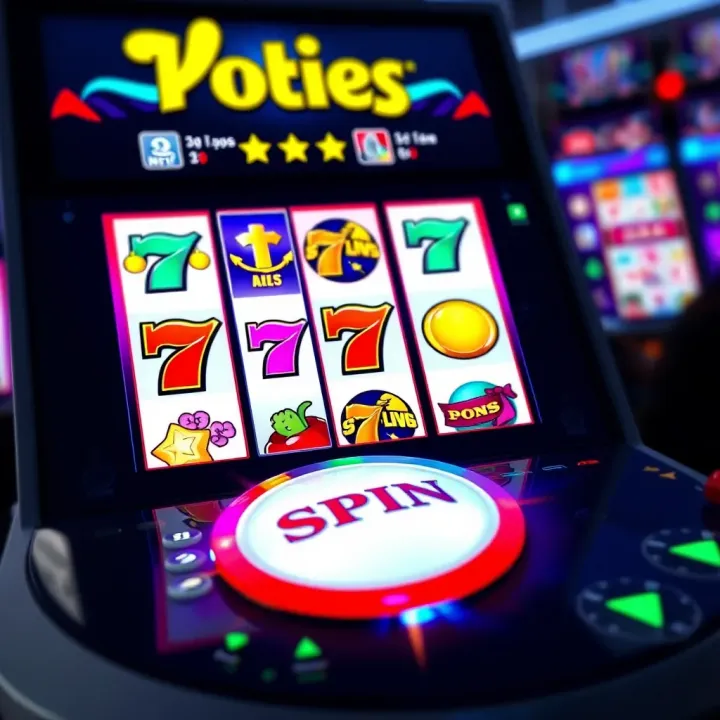 Colorful online pokies game interface showcasing bonus symbols and a spin button