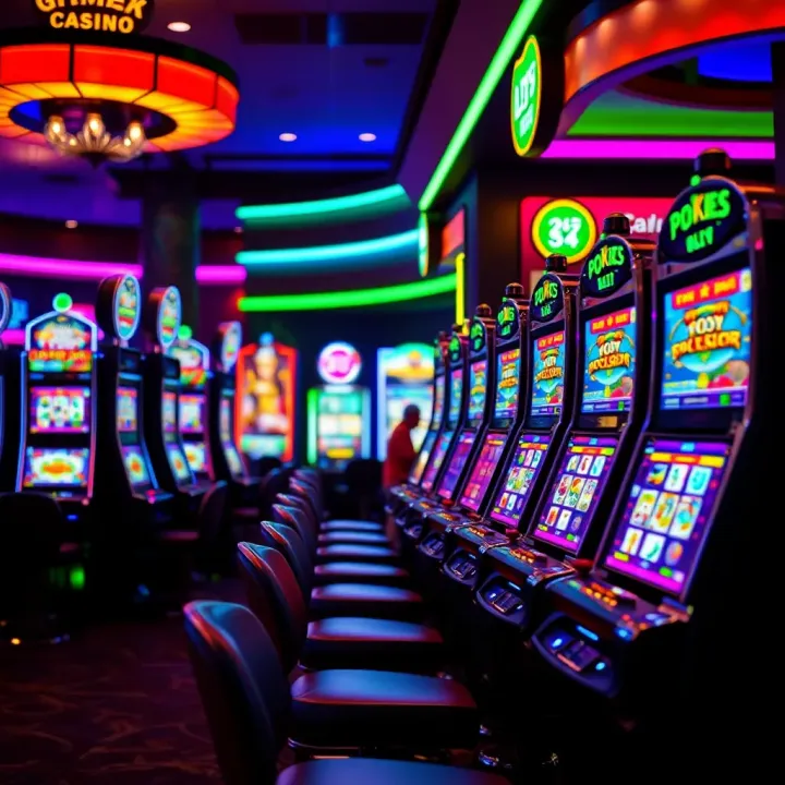 Pokies Machines on Casino Floor in Australia Colorful pokies machines lined up inside a vibrant Australian casino environment