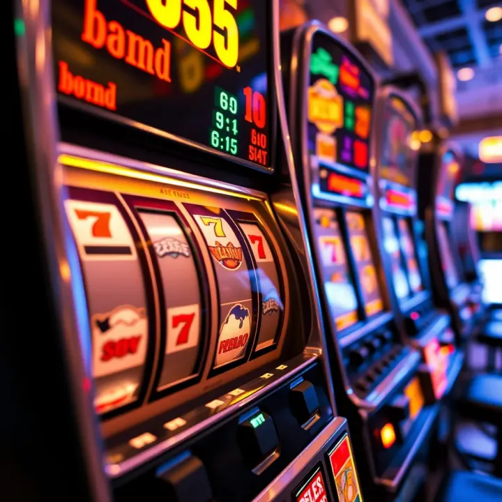 Close up view of a classic Australian pokies machine showing vibrant spinning reels and colorful symbols