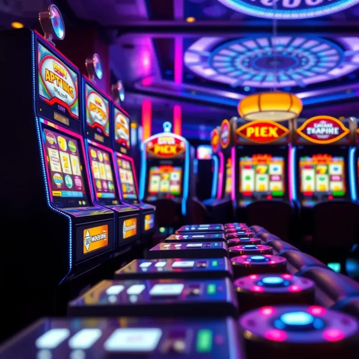 Close-up of colorful Australian slot machines with illuminated reels and buttons in a casino setting