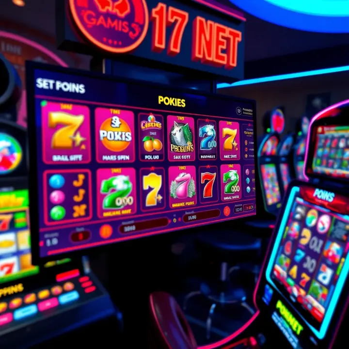 Digital interface displaying various pokies game options with vibrant icons and controls