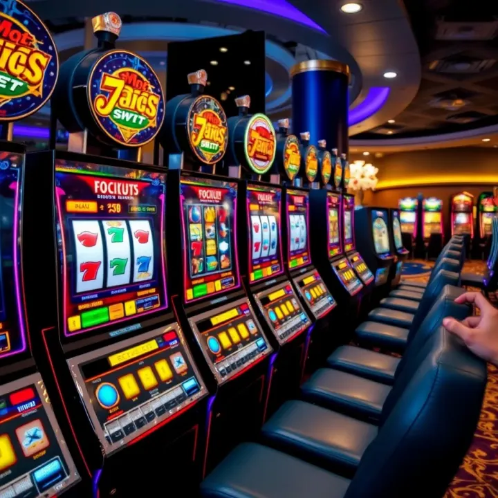 Slot machines displaying colorful reels with various symbols in a gaming venue