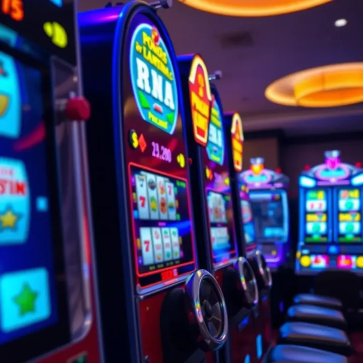 Colorful pokies machine with spinning reels and bright symbols