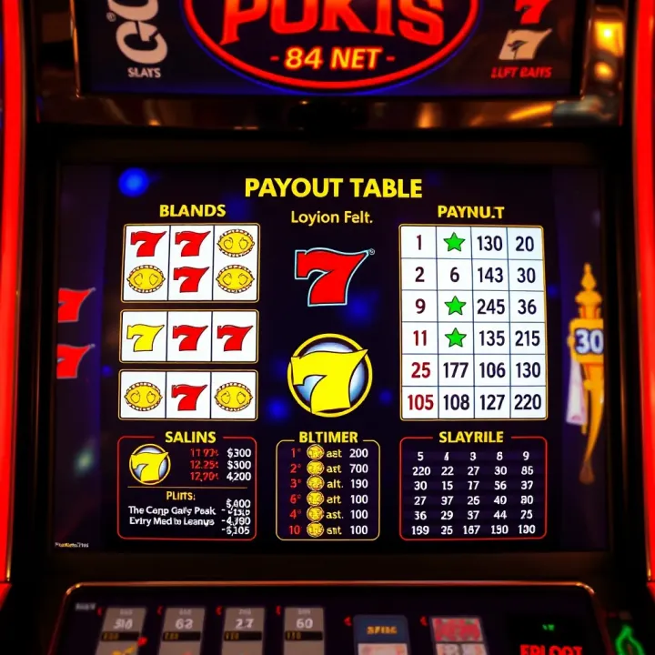 Visual representation of a slot machine interface showing various symbols and a payout table