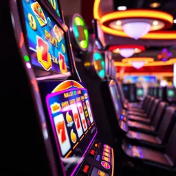 Close-up view of a poker machine with colorful reels and flashing lights in an Australian casino