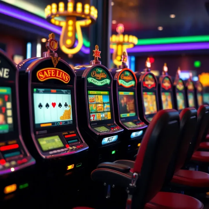 Illustration showing responsible gambling symbols and tips alongside poker machines for safe play