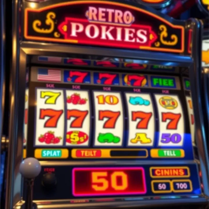 Retro slot machine interface featuring vibrant reel symbols and pixelated graphics