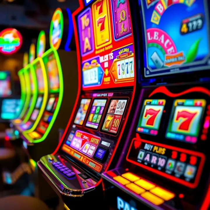 Colorful pokies machine displaying various symbols with illuminated buttons and screen in a casino environment