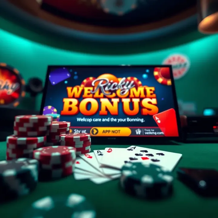 Ricky Casino Welcome Bonus Overview Illustration showing a casino welcome bonus offer displayed on a digital screen with poker chips and playing cards