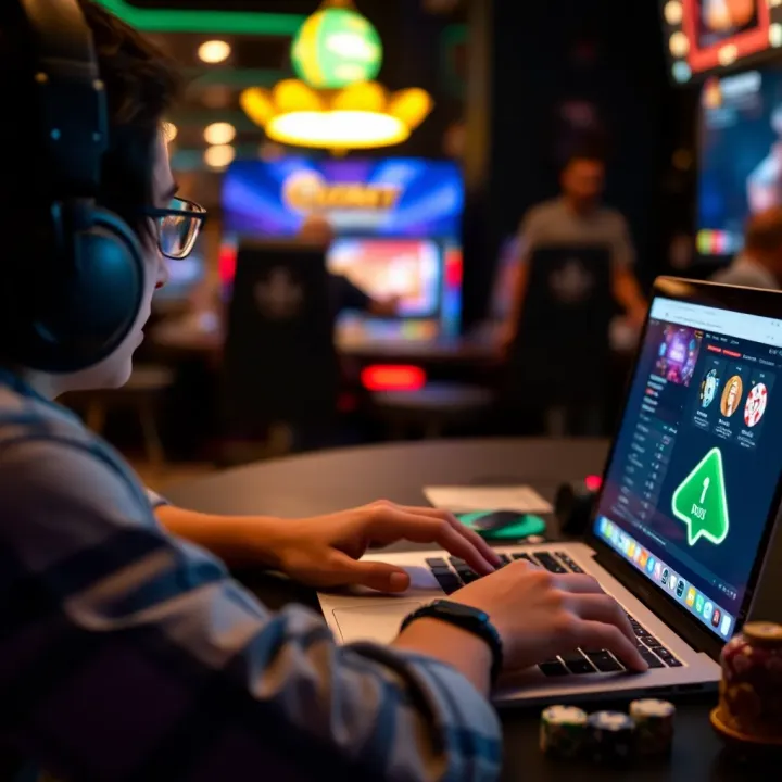 Illustration of an Australian player using a laptop to enter a RocketPlay promo code on a gaming website