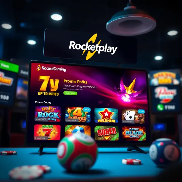 Colorful gaming interface showing Rocketplay platform with highlighted promo code section