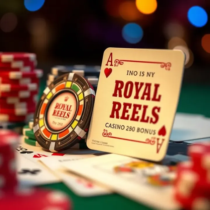 Illustration of a casino chip and playing cards with promotional tags
