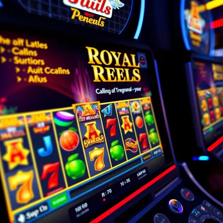 Online slot machine interface displaying colorful reels and various symbols on a digital screen