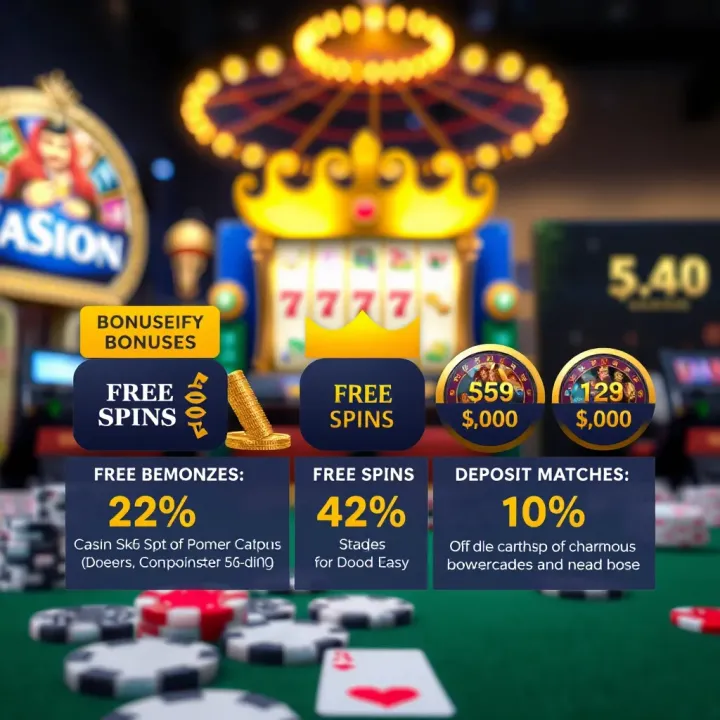 Illustration showing various types of casino bonuses such as free spins and deposit matches