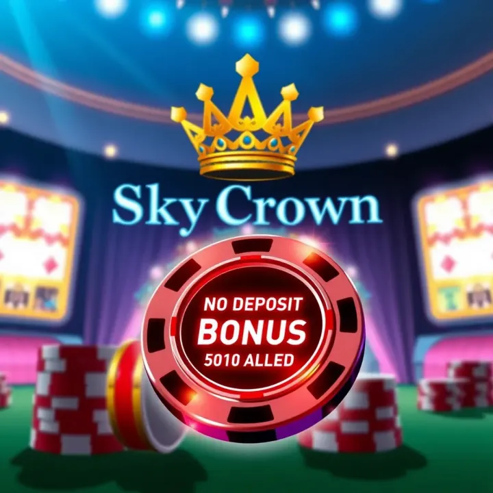 SkyCrown No Deposit Bonus Concept Visual Graphic showing the SkyCrown logo with a glowing casino chip symbolizing a no deposit bonus offer