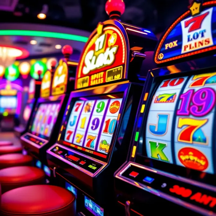 Colorful slot machine reels displaying various classic pokie symbols in a vibrant casino setting