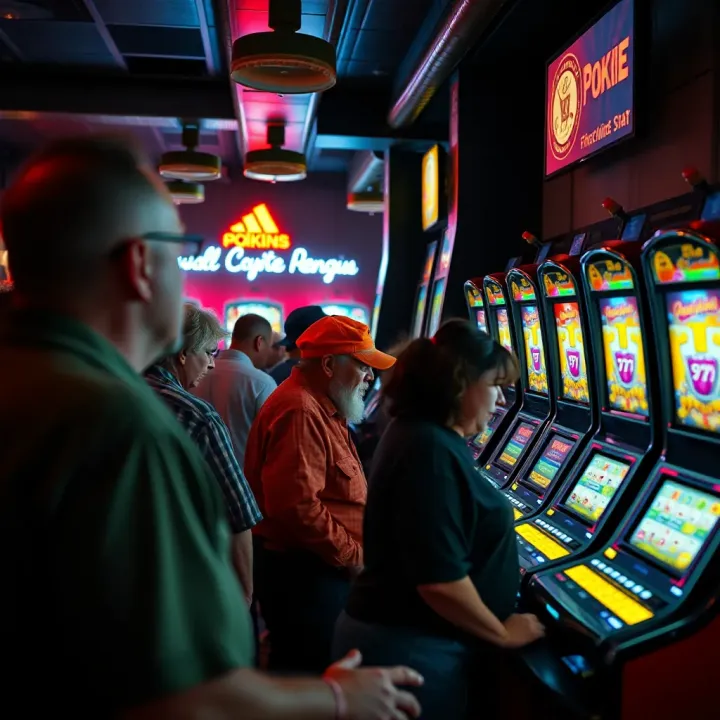Community members gathered around a gaming venue showcasing the social environment around pokies